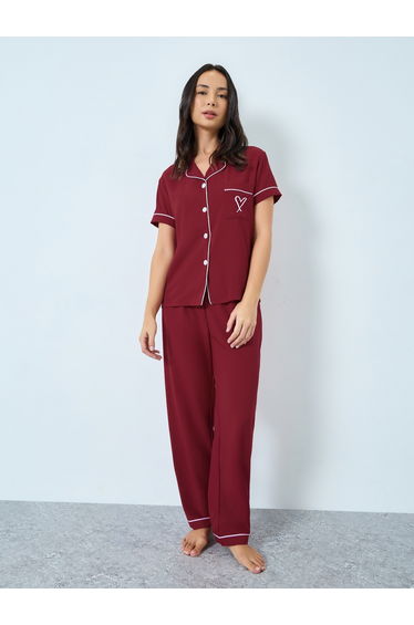 Burgundy Heart Pocket Detail Shirt and Pyjama Set