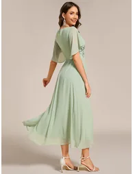 ever DAHLIA|Short Sleeves V-Neck Tea Length Wedding Guest Dress with Floral Applique - 1