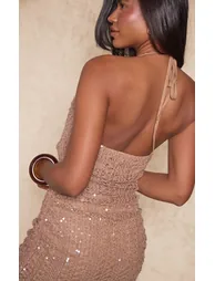 Taupe Sequin Cowl Bead Detail Bodycon Mini Dress - 2