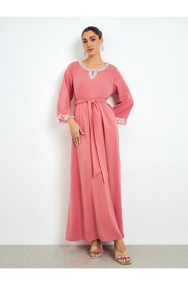 Pink Embellished Tassel Trim A-Line Jalabiya