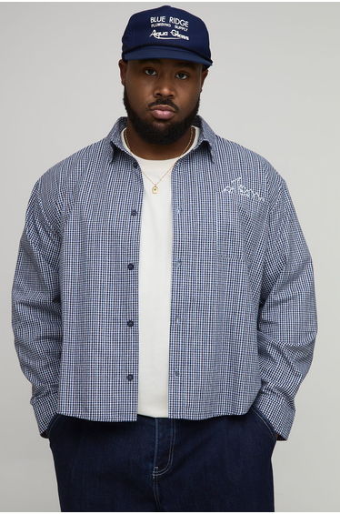 Plus Oversized Boxy Embroidered Micro Check Shirt - navy