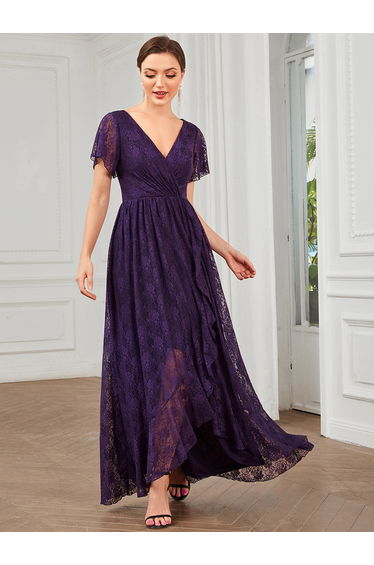 ever ELISE|Pleated V-Neck Lace Formal Evening Dress