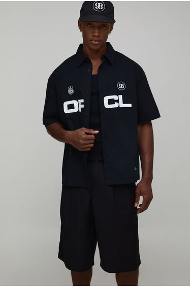 Boxy Fit Circa 98 Flock Print Short Sleeve Shirt - black