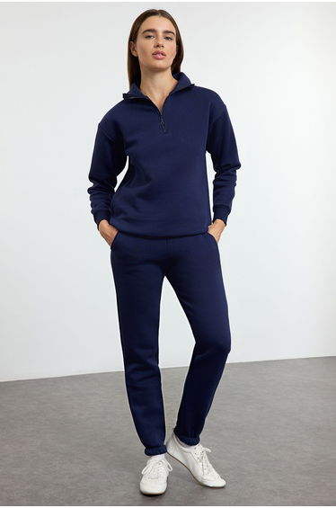Navy Blue Thick Polar Fleece Zippered Stand Collar Jogger Knitted Tracksuit