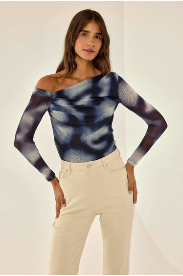 Asymmetrical Collar Tulle Blouse