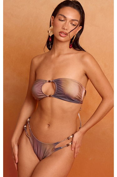 Multi Blurred Print Bead Trim Tanga Bikini Bottoms