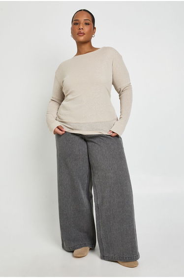 Plus 2 in 1 Layered Long Sleeve T-Shirt - beige