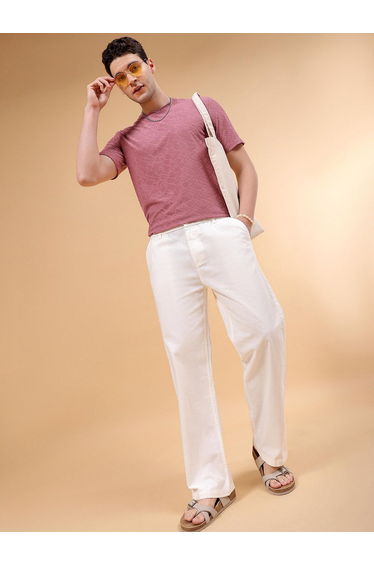 Men Off-White Relaxed Fit Solid Trousers