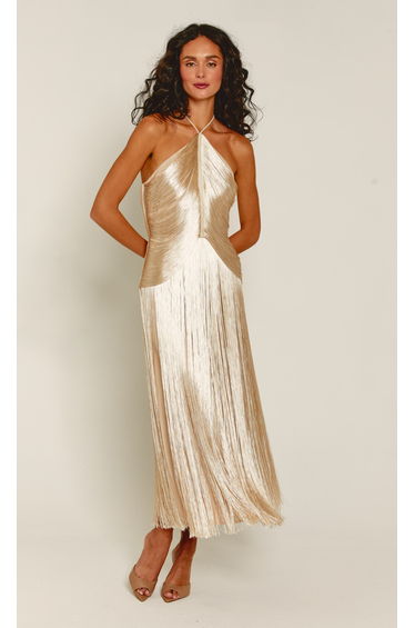 Champagne Halter Fringe Midaxi Dress
