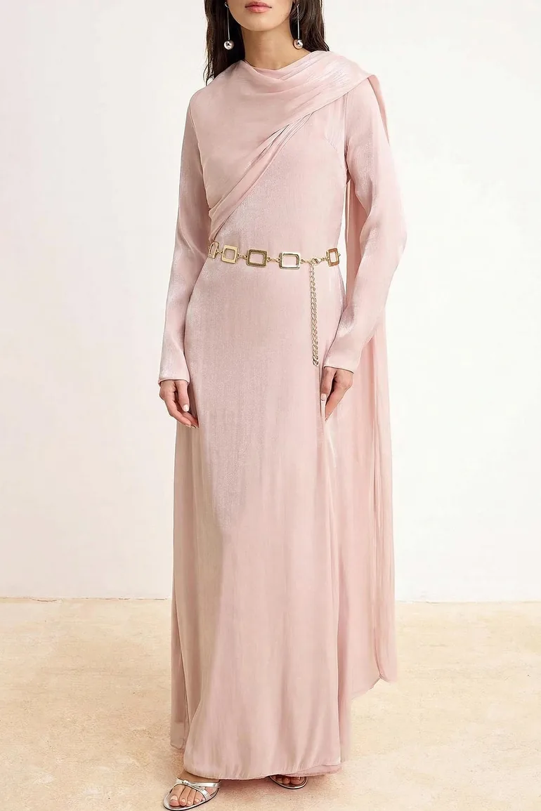 dusty pink dress with hijab Pink soiree long formal dress with hijab