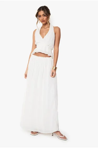 Low Rise Pleated Sweeping Maxi Skirt - ivory