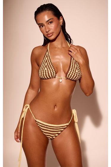 Yellow Contrast Crochet Knit Tie Side Bikini Bottoms