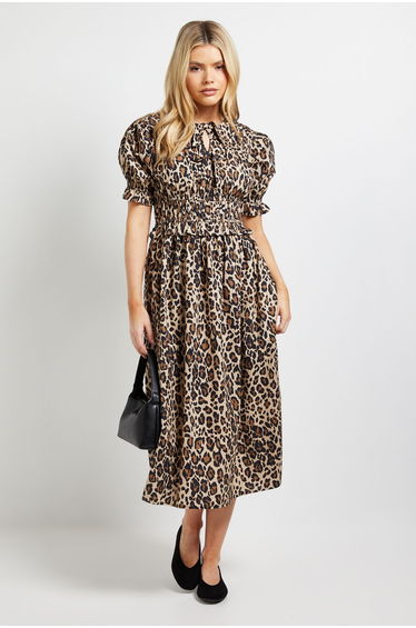 Leopard Tie Front Frill Sleeve Printed Poplin Midi Dress