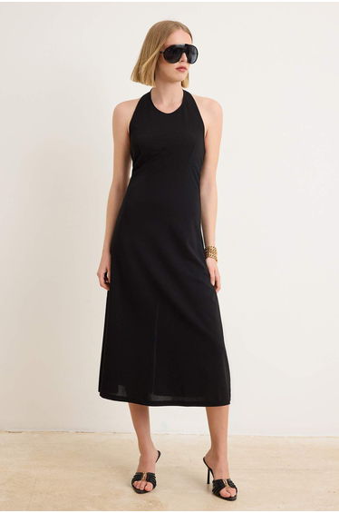Black Plain A-Line Halter Neck Sleeveless Midi Scuba Crepe Knitted Dress