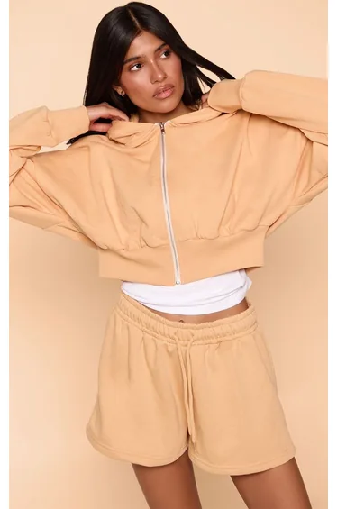 Peach Balloon Sleeve Cropped Zip Up Jacket