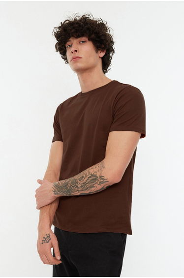 Brown Slim/Slim Fit 100% Cotton Basic Crew Neck T-Shirt