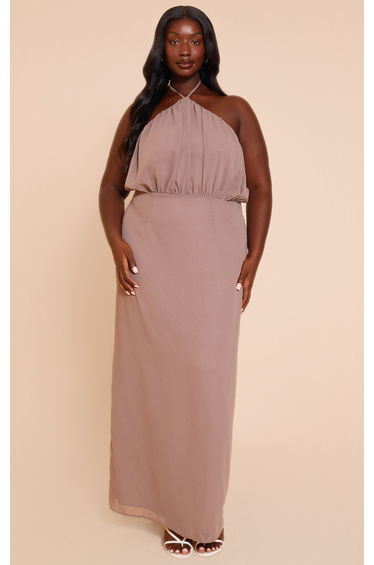 Plus Taupe Chiffon Halter Neck Maxi Dress