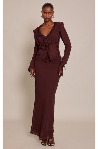 Dark Brown Ruched Chiffon Maxi Skirt