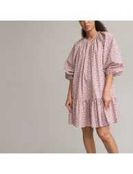 Printed Cotton Tiered Dress with 3/4 Length Puff Sleeves and Crew Neck - 1