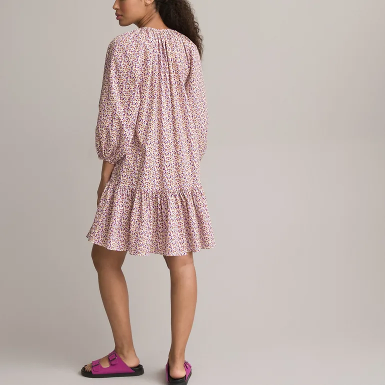 Printed Cotton Tiered Dress with 3/4 Length Puff Sleeves and Crew Neck - 3