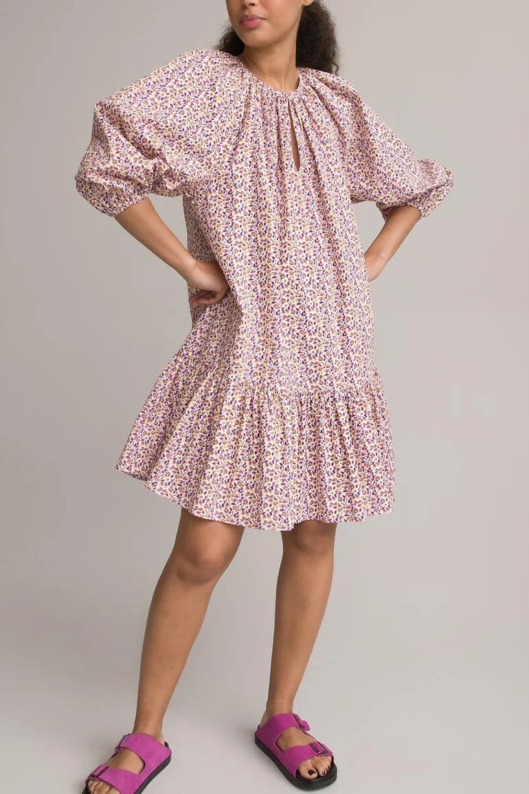 Printed Cotton Tiered Dress with 3/4 Length Puff Sleeves and Crew Neck