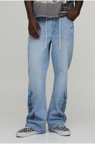 Rope Belted Embellished Printed Flared Jeans - light blue
