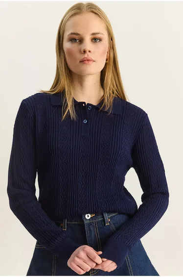 LUCCI Textured Polo Collar Sweater