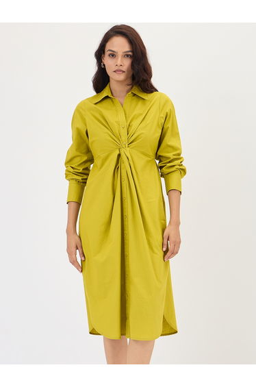 Citrine Green Poplin Knot Detail Midi Dress