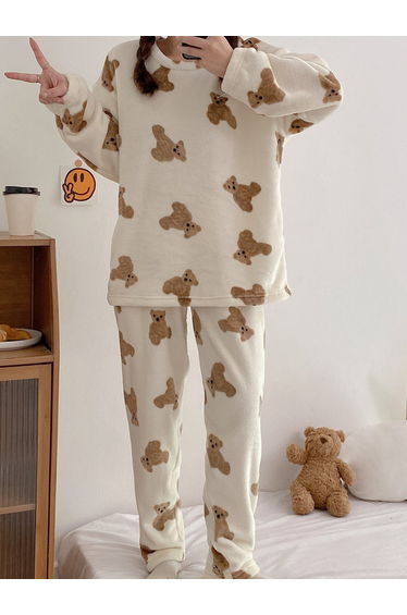 Women Flano Bear Graphic Top and Pyjama Set