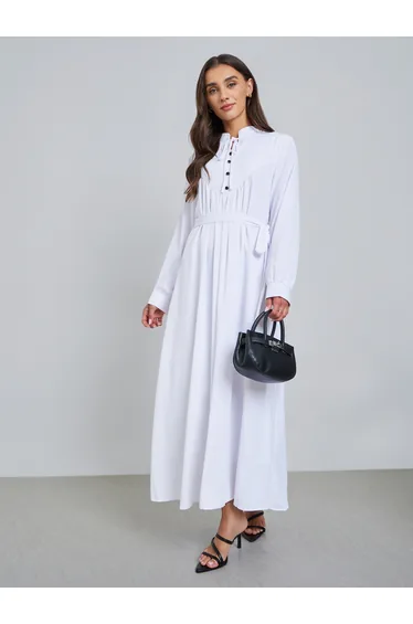 White Solid Tie Neck Long Sleeve Midi Dress