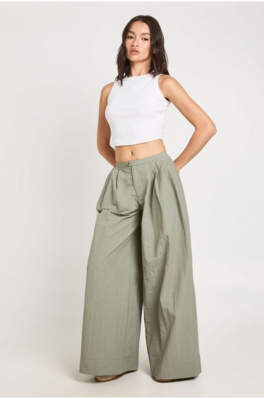Nylon Wide Leg Trousers - khaki