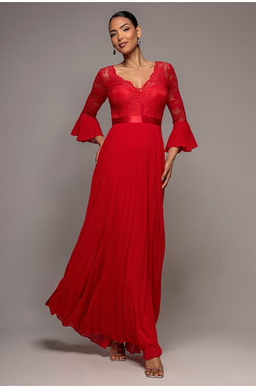 Goddiva Scalloped Lace Bodice Pleated Chiffon A Line Maxi Dress - Red