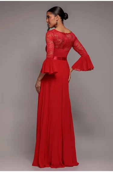 Goddiva Scalloped Lace Bodice Pleated Chiffon A Line Maxi Dress - Red