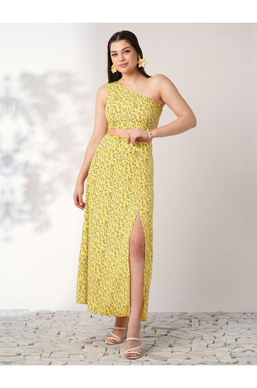 Yellow Floral One-Shoulder Crop Top and Skirt Co-Ords