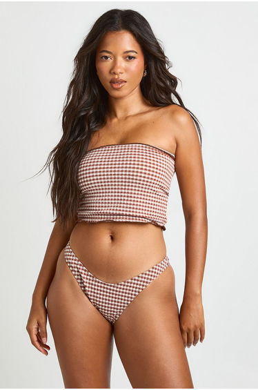 Gingham Longline Bandeau Frill Edge Bikini Top & Bikini Bottoms Set - brown