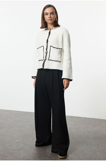 Ecru Fluffy Soft Texture Coat-Looking Knitwear Cardigan