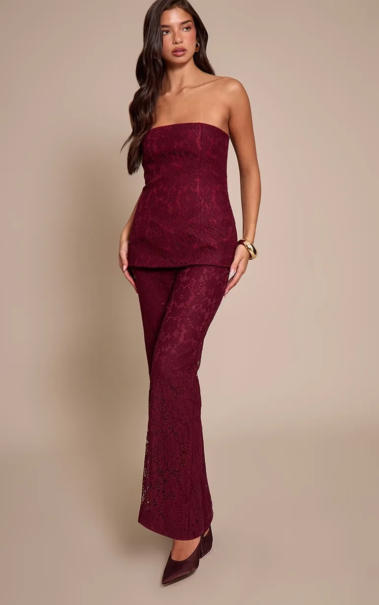 Burgundy Lace Bandeau Overlay Straight Leg Jumpsuit - 2
