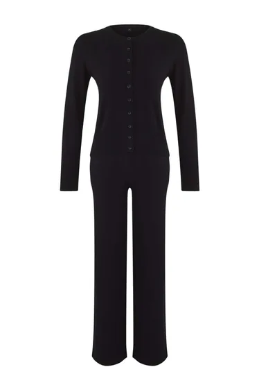 Black Mercerized Look Premium Yarn/Special Yarn Knitwear Cardigan-Pants Top-Bottom Set