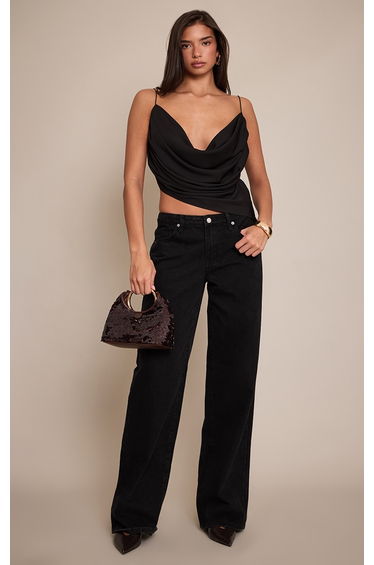 Black Satin Drape Plunge Cowl Top