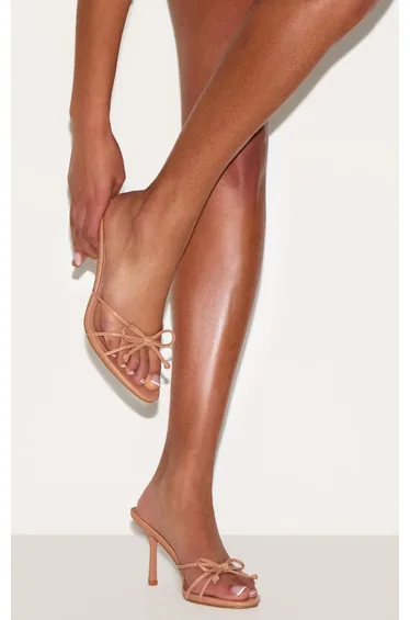 Nude PU Round Toe Bow Detail Mid Stiletto Heeled Mules