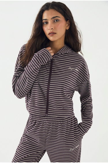 DSGN Studio Soft Stripe Boxy Crop Zip Through Hoodie - plum