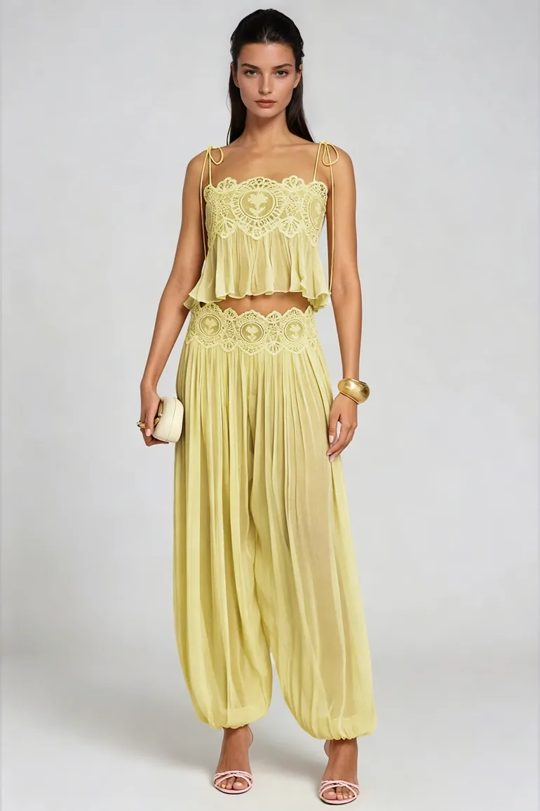 Hanieh Lace Ruch Pants Set In Yellow