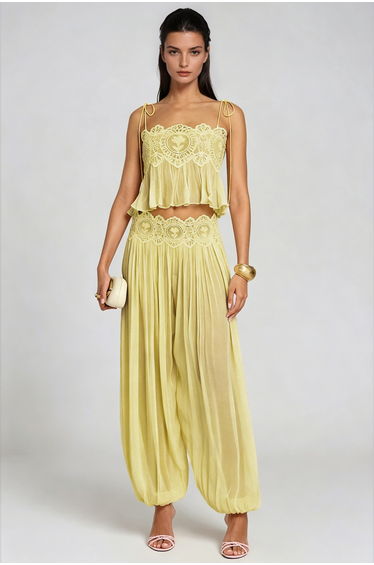 Hanieh Lace Ruch Pants Set In Yellow