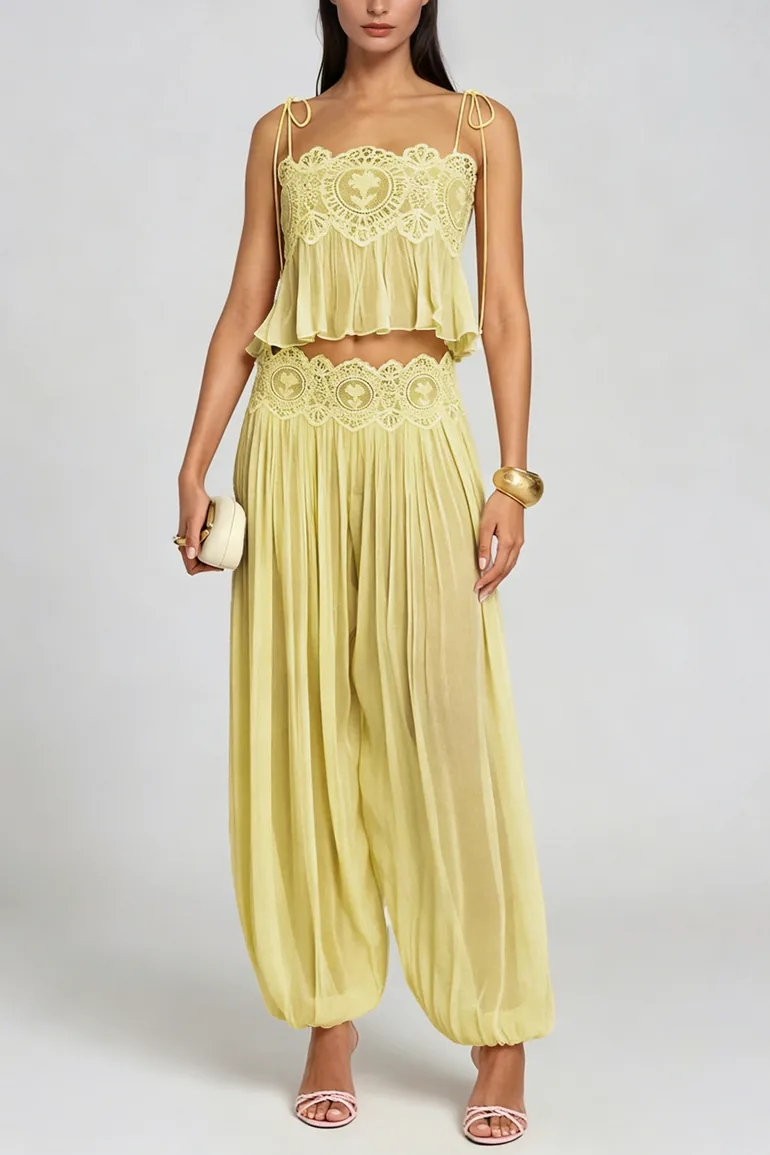 Hanieh Lace Ruch Pants Set In Yellow - 1