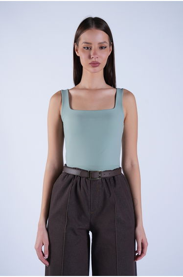Women's Green Square Collar Thin Strap Sandy Fabric Blouse