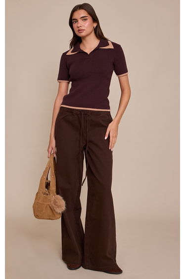 Brown Double Layer Knitted Polo Top