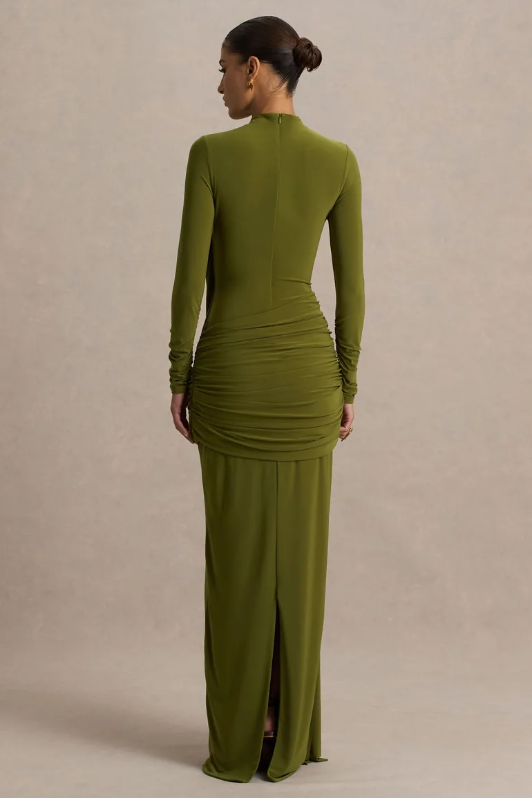 Melissa | Olive Long-Sleeve Wrap Maxi Dress With Ruched Detailing - 1