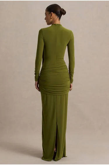 فستان ماكسي مزموم بتصميم لف بأكمام طويلة - أخضر