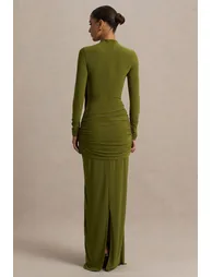 Melissa | Olive Long-Sleeve Wrap Maxi Dress With Ruched Detailing - 1