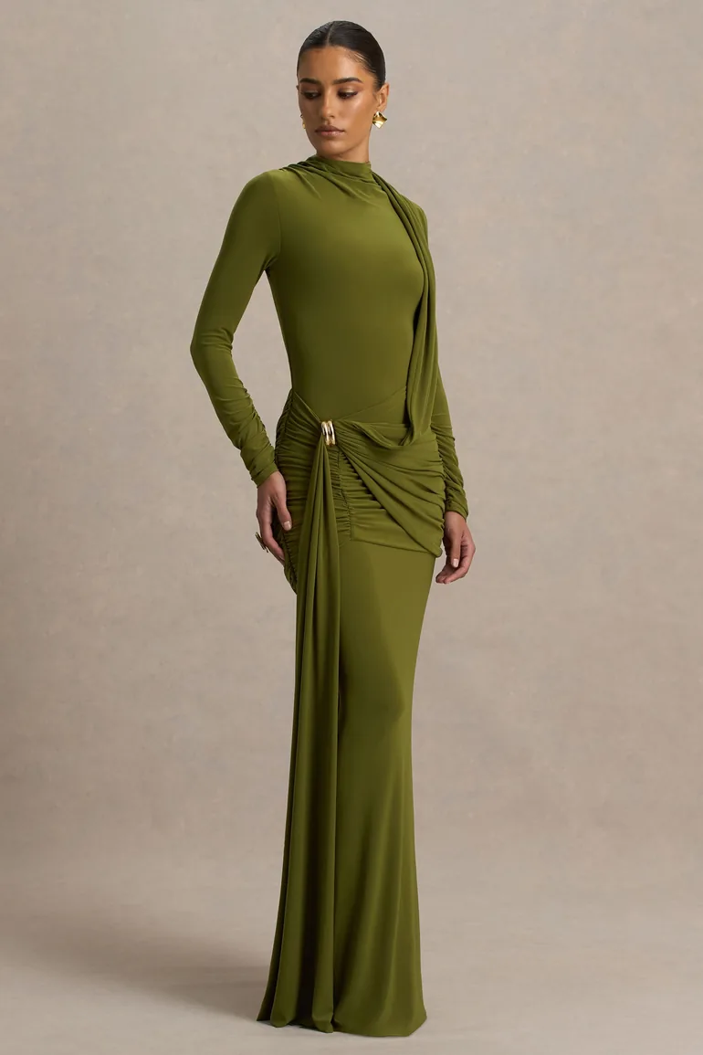 Melissa | Olive Long-Sleeve Wrap Maxi Dress With Ruched Detailing - 4